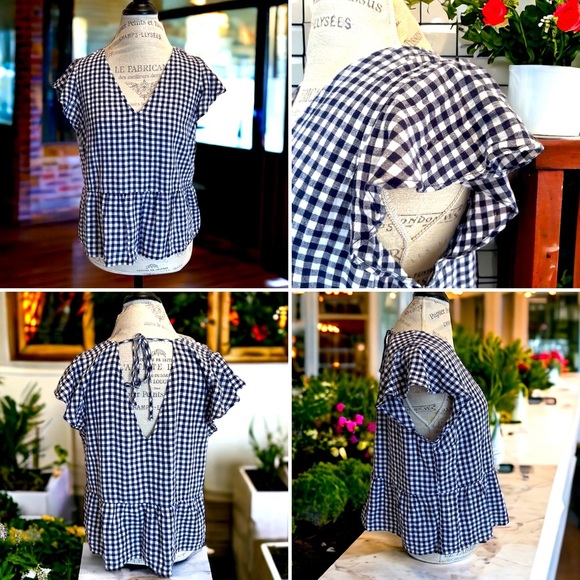 Vintage gingham v neck peplum blouse with a tie back. Trending. Gingham. Peplum. - Picture 1 of 16